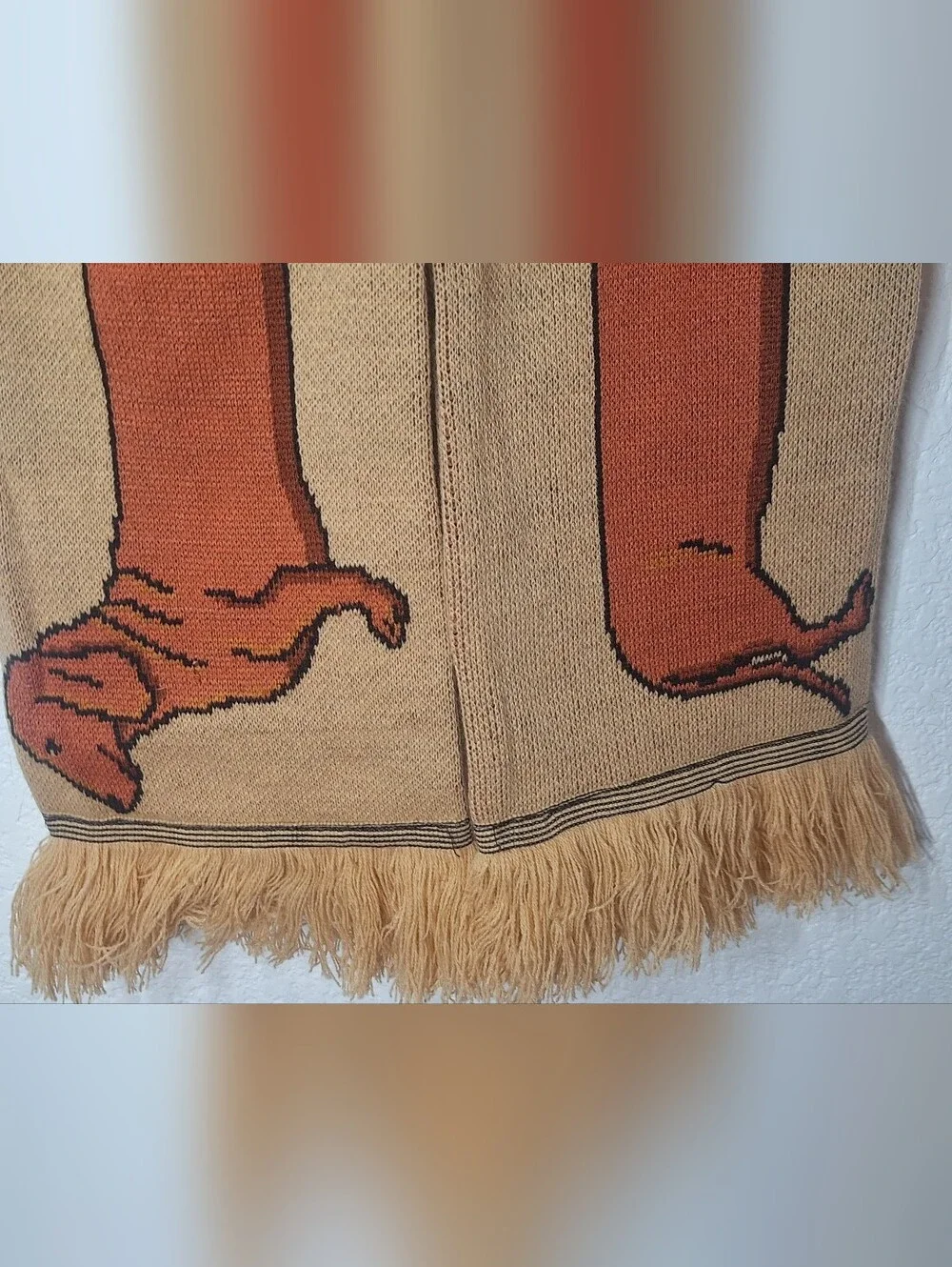 Cozy Novelty Dachshund Wiener Dog Knit Scarf Tan/Orange Fringe Long